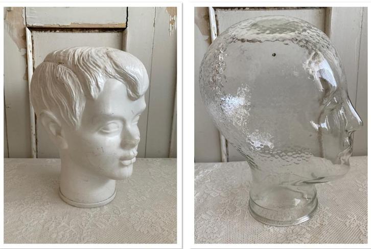 2x Brocante glazen hoofd - hoedenhoofd - pruikenhoofd, Antiek en Kunst, Curiosa en Brocante, Ophalen of Verzenden