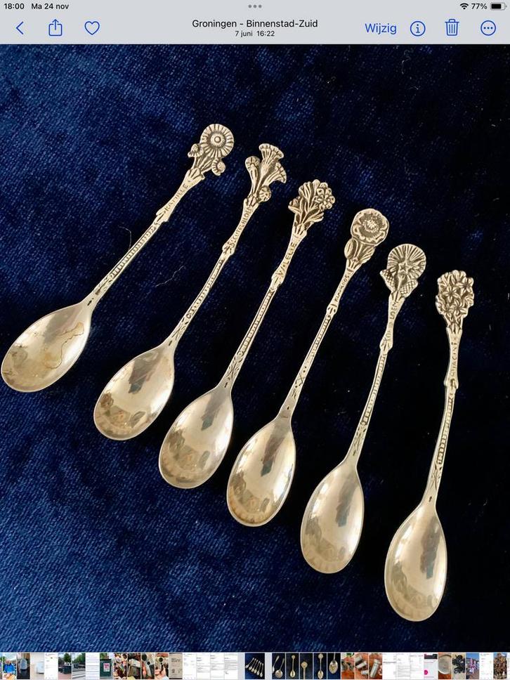 Zilveren Theelepels met Bloemmotief - 6 stuks, Antiek en Kunst, Antiek | Bestek, Ophalen of Verzenden
