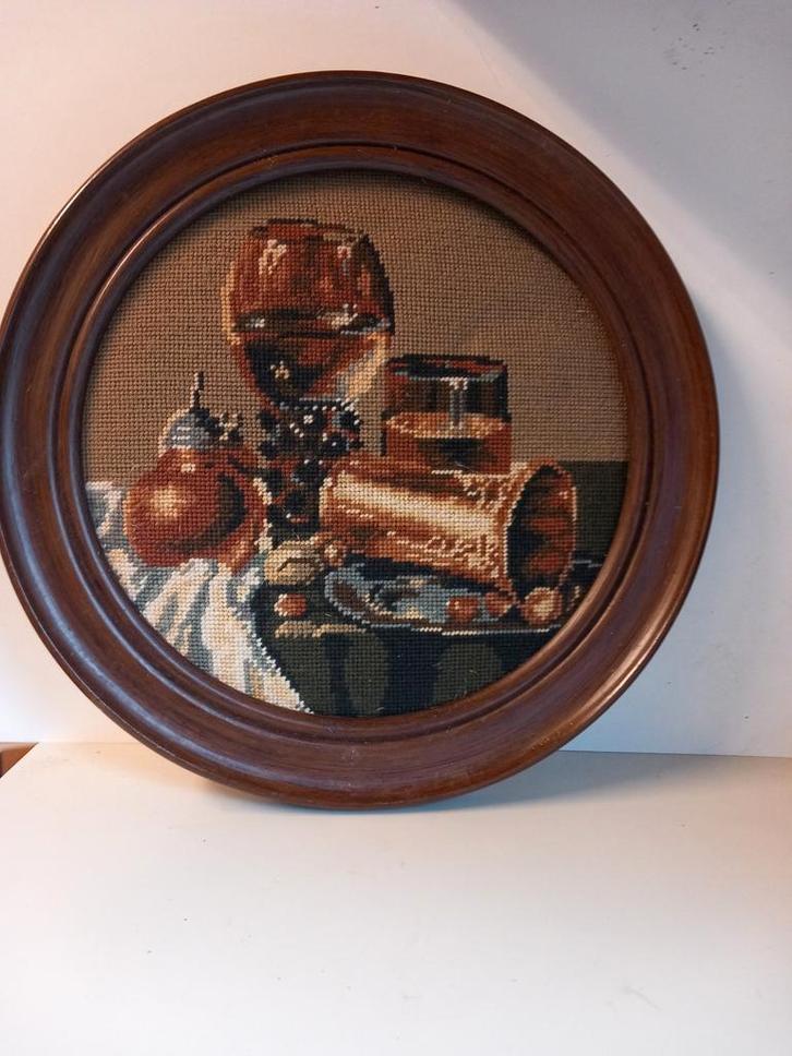 Vintage Geborduurd Stilleven Schilderij met Eiken Lijst, Huis en Inrichting, Woonaccessoires | Wanddecoraties, Gebruikt, Ophalen