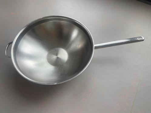 DeMeyere wok, 38 cm, inductie, Huis en Inrichting, Keuken | Potten en Pannen, Zo goed als nieuw, Wok, Rvs, Inductieplaat, Keramische plaat