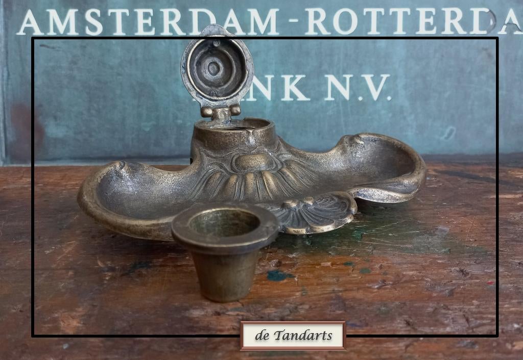 Bronzen inktpot met originele inktpot – 18 cm, Ophalen of Verzenden