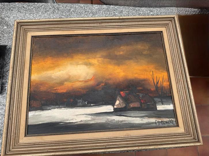 Schilderij landschap in Goudkleurige Kader, Antiek en Kunst, Kunst | Schilderijen | Klassiek, Ophalen