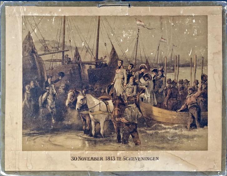 30 November 1813 te Scheveningen / J.J. Mesker, Antiek en Kunst, Antiek | Schoolplaten, Ophalen