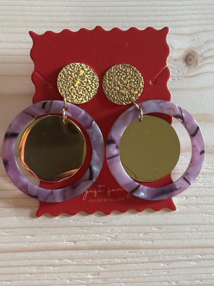 Nieuw! Stainless steel oorbellen/ rond met print, Sieraden, Tassen en Uiterlijk, Oorbellen, Nieuw, Overige materialen, Paars, Ophalen of Verzenden
