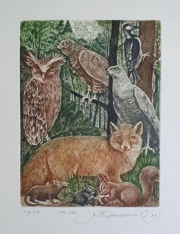 Exlibris S. Kirnitsky, uil, vos, havik, specht, eekhoorn beschikbaar voor biedingen