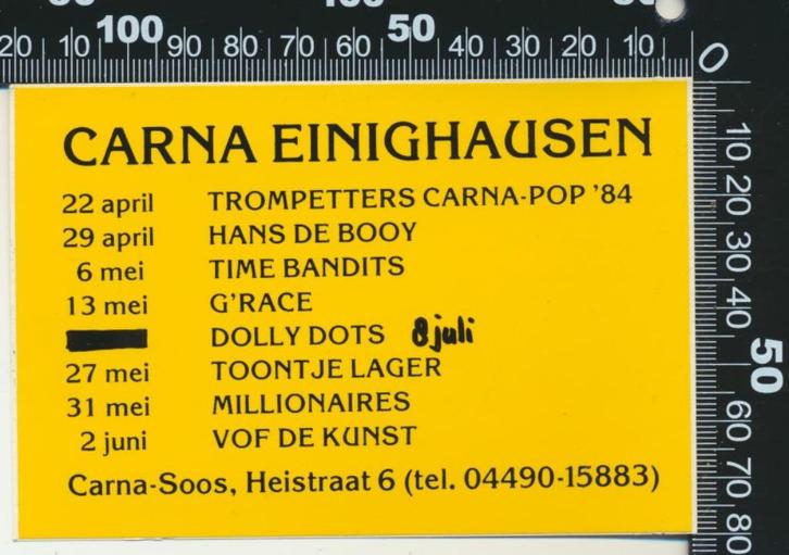 Sticker: Carna Einighausen 1984 - Dolly Dots - Toontje Lager, Verzamelen, Stickers, Zo goed als nieuw, Bedrijf of Vereniging, Ophalen of Verzenden