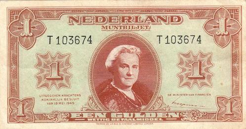Wilhelmina -1 gulden 1945 - serie T103674 -P70,AV6.1a.1, Postzegels en Munten, Bankbiljetten | Nederland, Verzenden