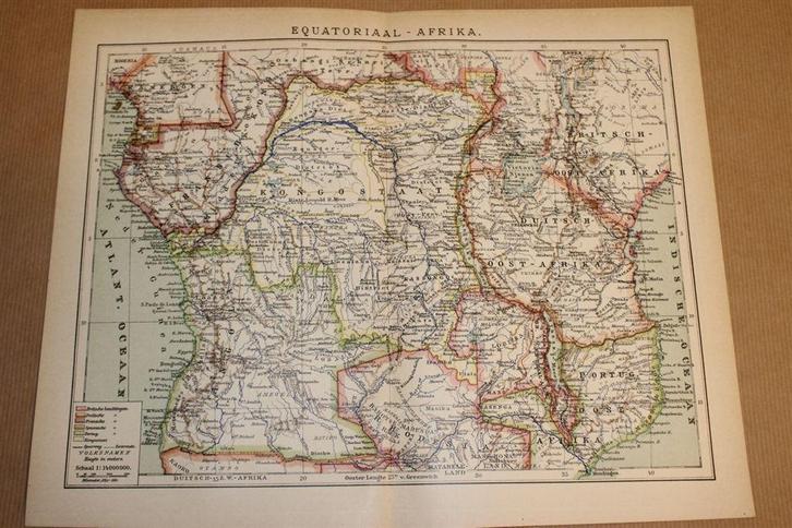 Antieke kaart - Equatoriaal Afrika - Circa 1900, Boeken, Atlassen en Landkaarten, Zo goed als nieuw, Landkaart, Nederland, 1800 tot 2000