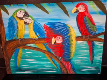 Zelfgemaakt schilderij van 4 papegaaien beschikbaar voor biedingen