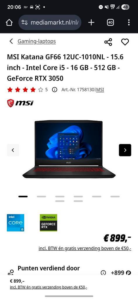 MSI Katana GF66 12UC - Gaming Laptop, Computers en Software, Chromebooks, Gebruikt, 15 inch, 16 GB, 256 GB of meer, Qwerty, Ophalen