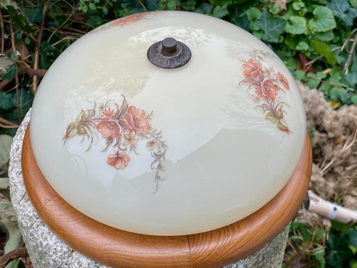 Vintage Plafondlamp met Bloemmotief, Huis en Inrichting, Lampen | Hanglampen, Gebruikt, Minder dan 50 cm, Glas, Ophalen of Verzenden