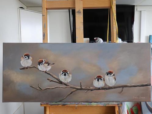 Schilderij mussen acrylverf op doek, Huis en Inrichting, Woonaccessoires | Schilderijen, Tekeningen en Foto's, Nieuw, Schilderij