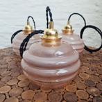 Drie vintage Art-Deco glazen hanglampen, Glas, Ophalen of Verzenden