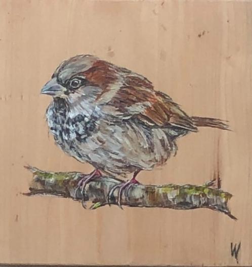 Schilderij Mus op gebruikt hout, Antiek en Kunst, Kunst | Schilderijen | Modern, Verzenden