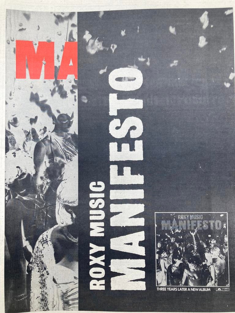 Paginagrote A3 advertentie ROXY MUSIC Manifesto release, Ophalen of Verzenden