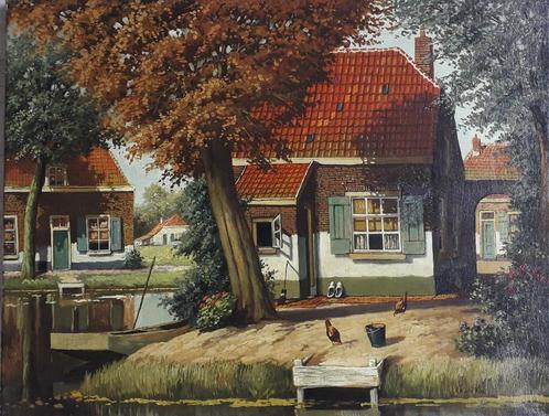 ZONNIG LANDSCHAP BOERDERIJ AAN DE VAART🐓ERF>KIPPEN>OUD 1940, Antiek en Kunst, Kunst | Schilderijen | Klassiek, Ophalen of Verzenden