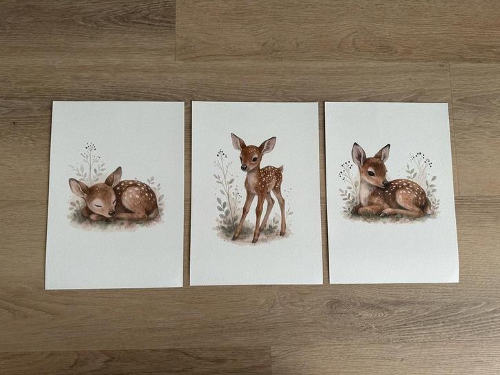 Hertjes posters (set van 3, A4-formaat, aquarelpapier), Kinderen en Baby's, Kinderkamer | Inrichting en Decoratie, Zo goed als nieuw