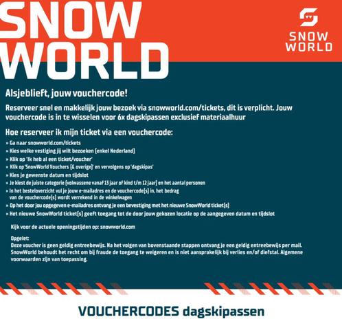 Snowworld vouchers skipassen, Tickets en Kaartjes, Kortingen en Cadeaubonnen, Drie personen of meer, Overige typen, Overige soorten