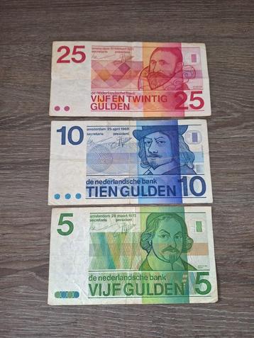 Setje biljetten 5, 10 en 25 gulden Erflaters 1968 - 1973 beschikbaar voor biedingen