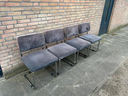 4 Ribstof Stoelen met Chrome Buisframe, Huis en Inrichting, Stoelen, Vier, Metaal, Stof, Grijs, Ophalen