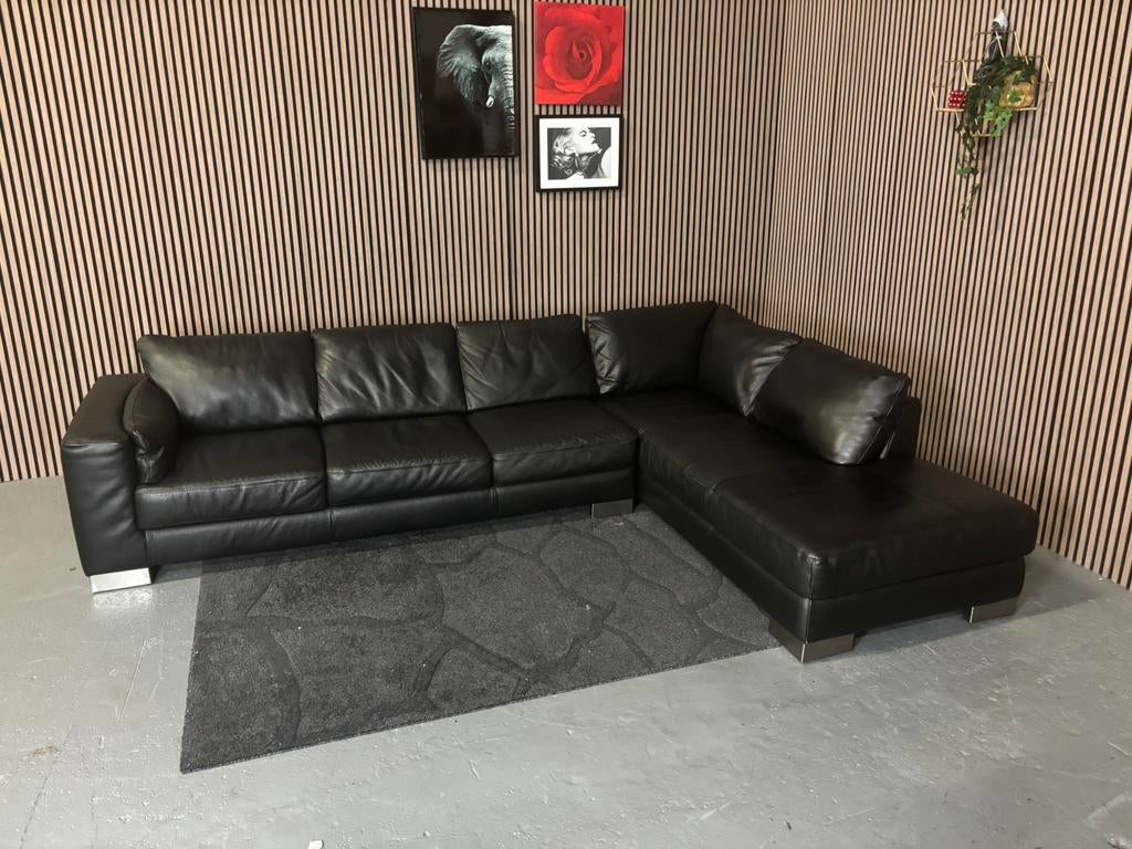 GRATIS LEVERING Hoekbank Leer Zwart 320x220 GEREINIGD, Huis en Inrichting, Banken | Bankstellen, Hoekbank, 300 cm of meer, Leer