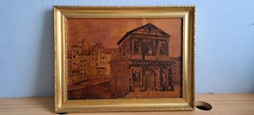 Delftse Poort Rotterdam hout ingelegd marqueterie schilderij beschikbaar voor biedingen