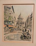 Litho naar aquarel Gezicht Pantheon Parijs gesign. Herbelot, Antiek en Kunst, Ophalen of Verzenden
