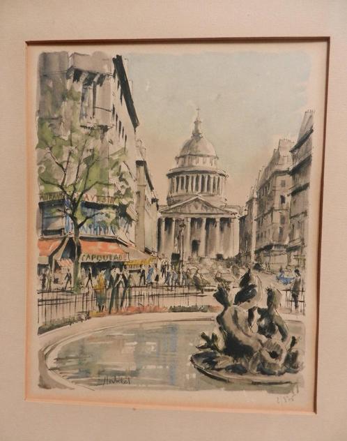 Litho naar aquarel Gezicht Pantheon Parijs gesign. Herbelot, Antiek en Kunst, Kunst | Litho's en Zeefdrukken, Ophalen of Verzenden