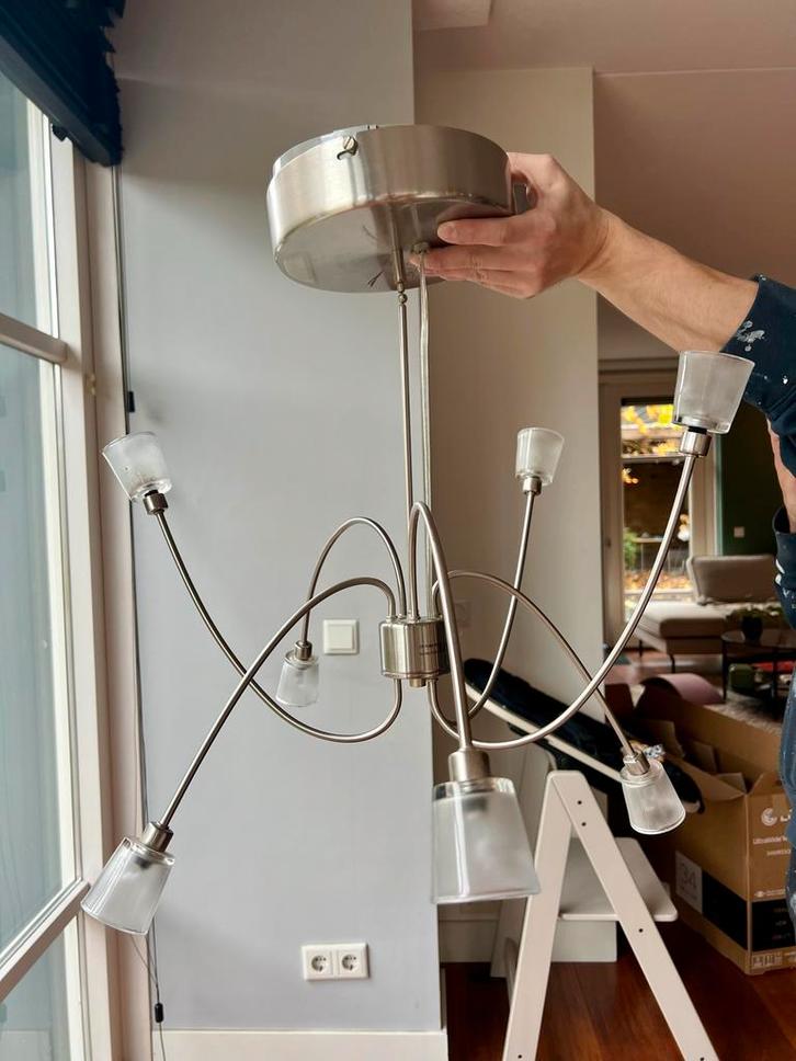 IKEA plafondlamp met 6 spots in RVS look, Huis en Inrichting, Lampen | Hanglampen, Gebruikt, Minder dan 50 cm, Metaal, Ophalen