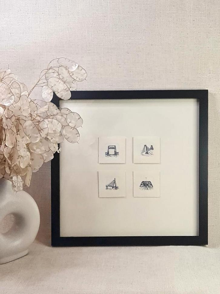 Vierluik etsjes Rotterdam, 30x30 cm incl. 3D lijst, Huis en Inrichting, Woonaccessoires | Lijsten, Nieuw, Minder dan 50 cm, Minder dan 50 cm