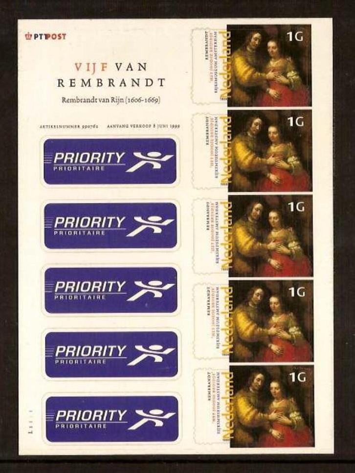 Nederland NVPH nr V1836 postfris Rembrandt van Rijn 1999, Postzegels en Munten, Postzegels | Nederland, Postfris, Na 1940, Verzenden