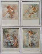 Franse schilderijtjes incl lijst 4 stuks, 2 met kat katten, Minder dan 50 cm, Ophalen of Verzenden, Zo goed als nieuw, Schilderij