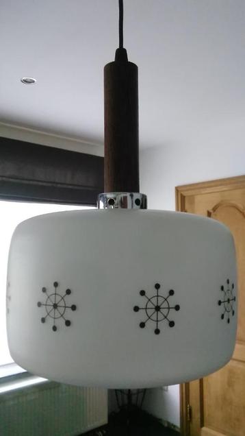 Vintage Deense hanglamp kap melkglas sneeuwster palissander beschikbaar voor biedingen
