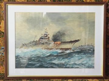 Mooi ingelijst schilderij uit Engeland met oorlogsschepen. beschikbaar voor biedingen