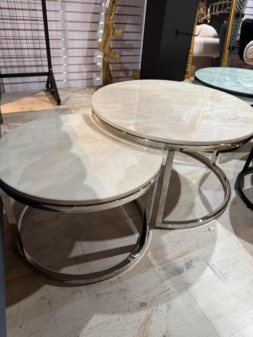 salontafel set van echt marmer zilverkleurig frame (2-delig, Huis en Inrichting, Tafels | Salontafels, Minder dan 50 cm, 50 tot 100 cm