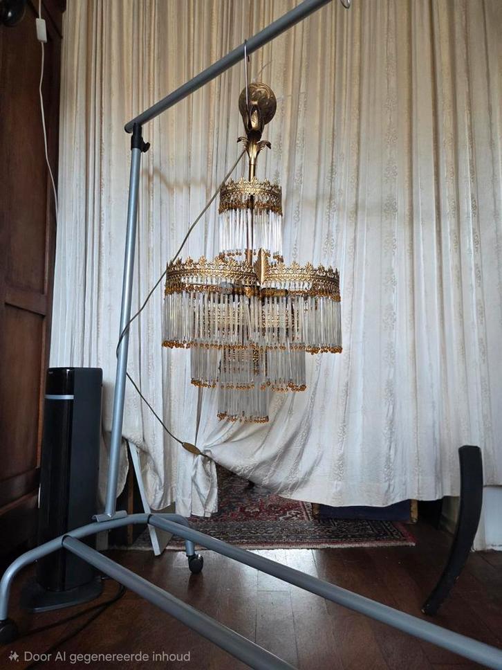 Art Nouveau Sluierlamp Italiaans met glazen pegels, Huis en Inrichting, Lampen | Kroonluchters, Gebruikt, Glas, Metaal, Ophalen of Verzenden