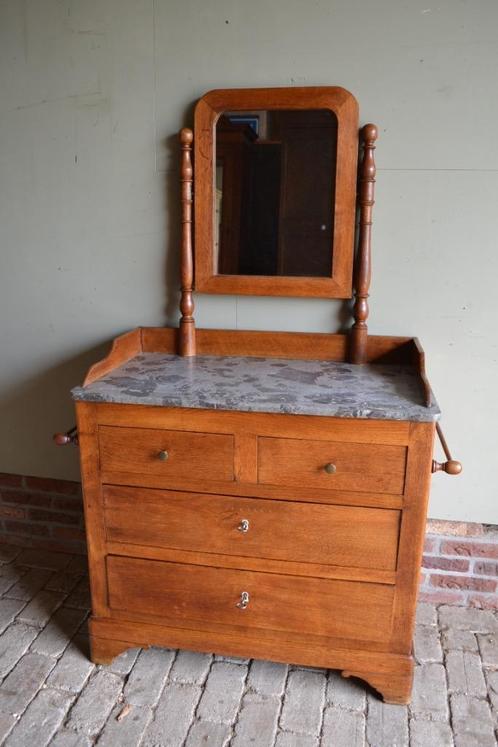 Prachtige antieke eiken houten ladekast met marmer & spiegel, Antiek en Kunst, Antiek | Meubels | Kasten, Verzenden