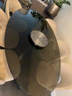 Moderne glazen eettafel + 6 taupe velvet stoelen, Ophalen, Gebruikt, 50 tot 100 cm, Vijf personen of meer