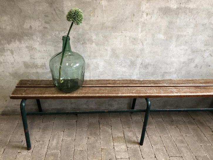 Stoere industriele vintage lange bank | tafel hout en staal, Huis en Inrichting, Tafels | Bijzettafels, Gebruikt, Rechthoekig