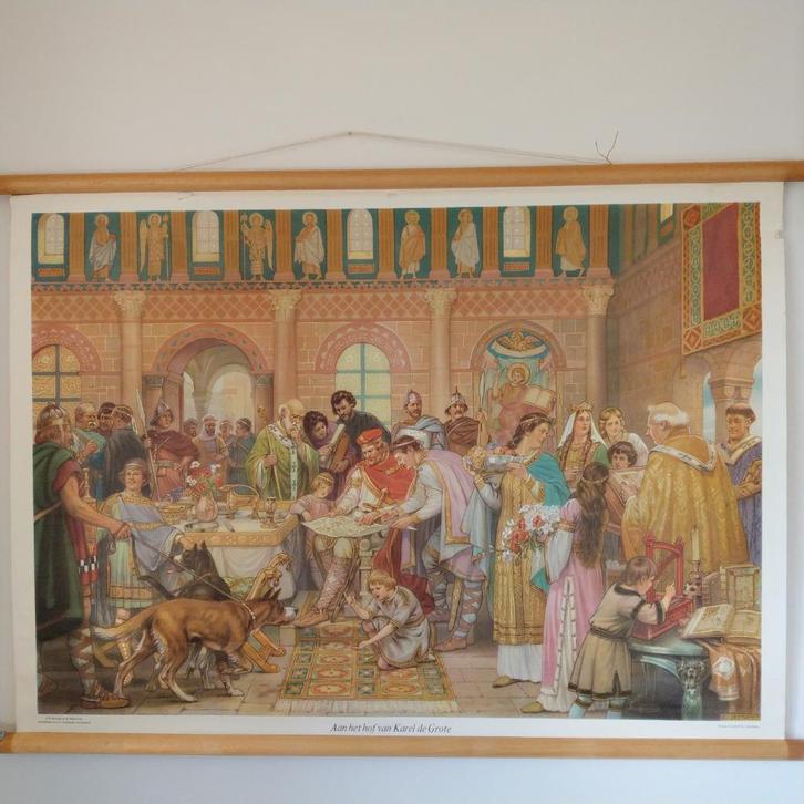 Schoolplaat Aan het hof van Karel de Grote, Antiek en Kunst, Antiek | Schoolplaten, Geschiedenis, Ophalen of Verzenden
