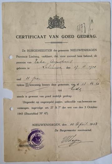 Antiek certificaat van goed gedrag 1923 Nieuwenhagen Limburg