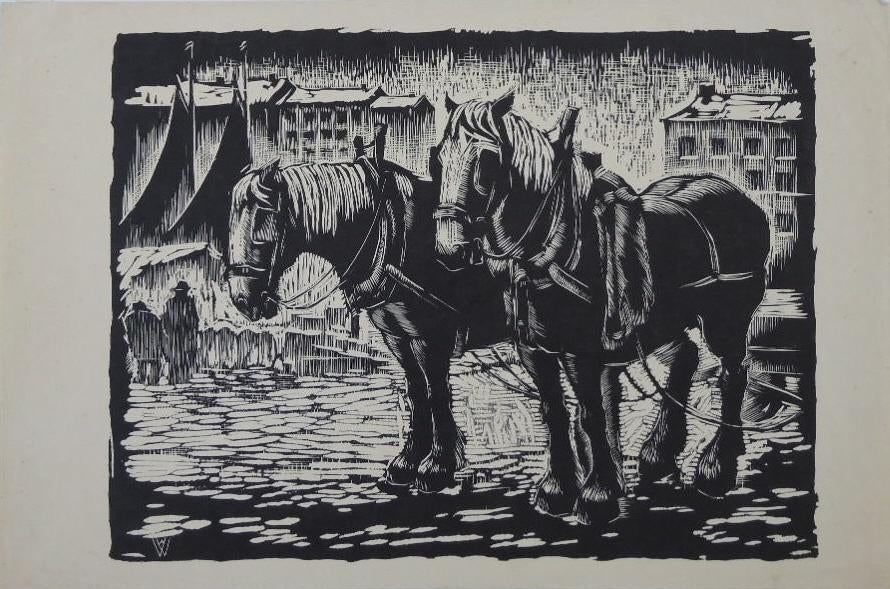Wim van Woerkom houtsnede "Twee Trekpaarden, Huis en Inrichting, Woonaccessoires | Schilderijen, Tekeningen en Foto's, Ophalen