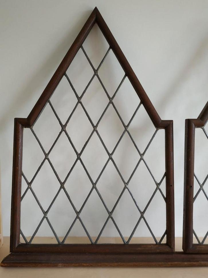 Inbouw glas in lood vitrinekast met 3 puntdeurtjes, onderpli, Antiek en Kunst, Antiek | Meubels | Kasten, Ophalen