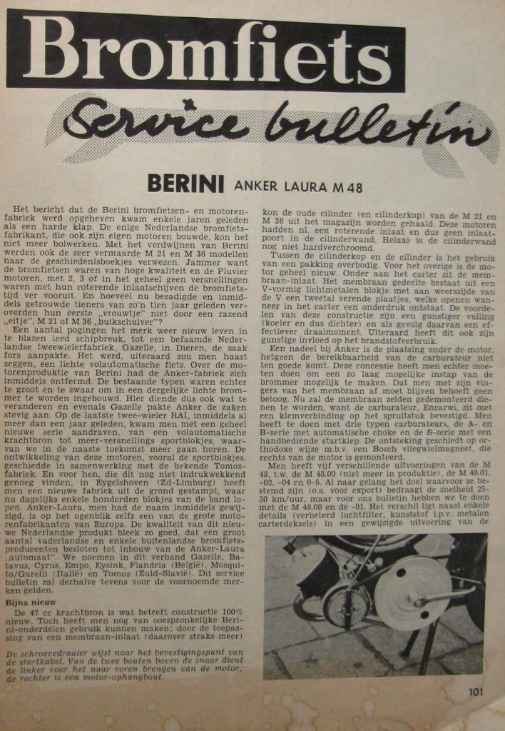 Service Bulletin Berini Anker Laura M48, Fietsen en Brommers, Handleidingen en Instructieboekjes, Gebruikt, Ophalen