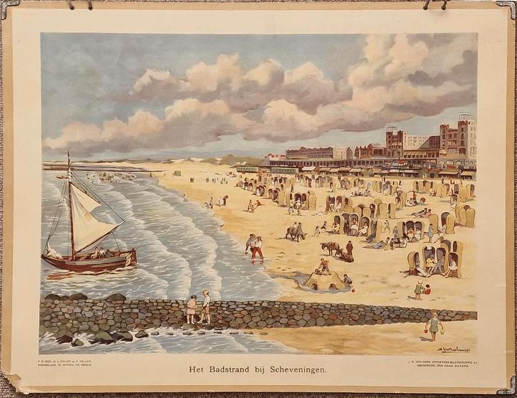 Het badstrand bij Scheveningen, Antiek en Kunst, Antiek | Schoolplaten, Geschiedenis, Ophalen