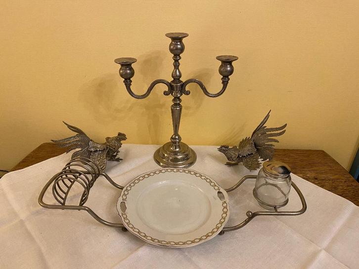 Verzilverd Engels toastrek met schaalhouder *Nous deux*, Antiek en Kunst, Curiosa en Brocante, Ophalen of Verzenden