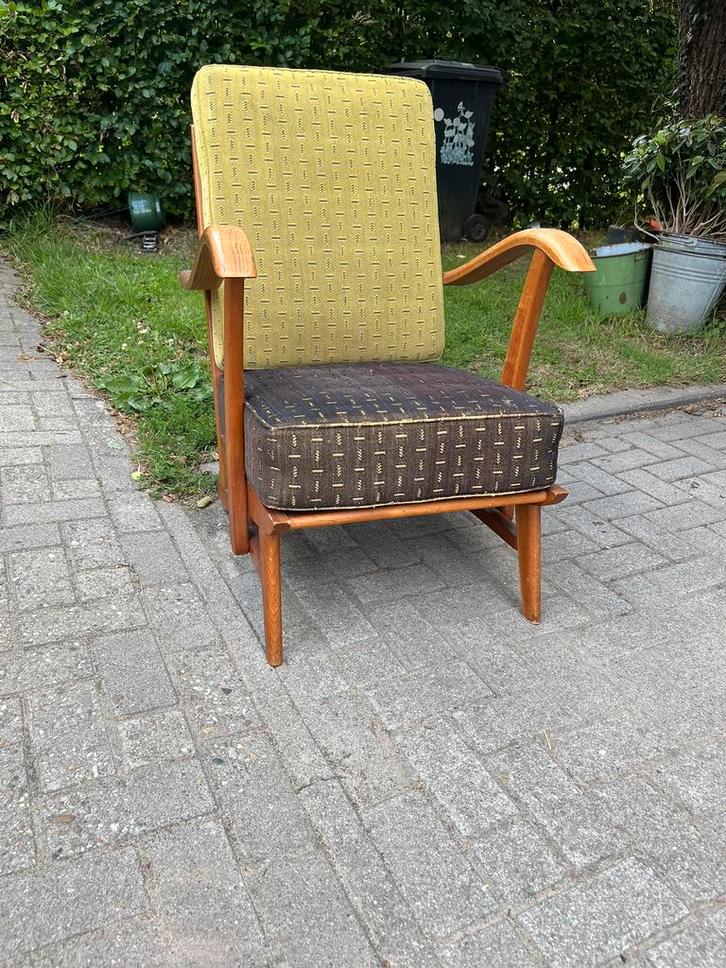 Fauteuil vintage retro jaren 50-60 midcentury geel bruin 125, Huis en Inrichting, Fauteuils, Gebruikt, Hout, Stof, 50 tot 75 cm