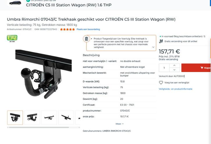Citroen C5 Tourer Station Wagen TREKHAAK, Auto-onderdelen, Trekhaken, Nieuw, Ophalen