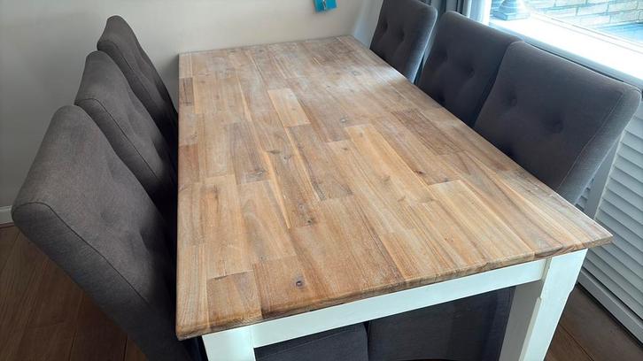 Landelijke whitewash brocant eettafel met lades en 6 stoelen, Huis en Inrichting, Complete eetkamers, Gebruikt, 4 tot 6 stoelen