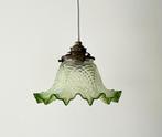 Vintage Franse opaline hanglamp met groen glazen rokkapje, Ophalen of Verzenden